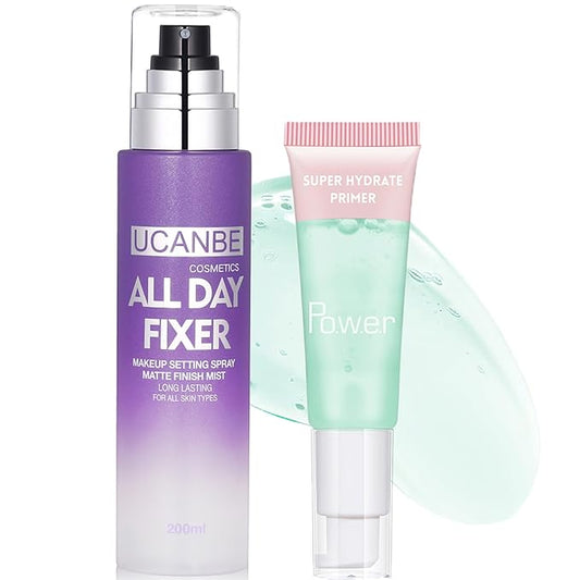 UCANBE Matte Setting Spray & Primer Gel Duo – Long-Lasting Makeup Set for Oily Skin, Shine Control, Pore Blurring, Oil-Free Hydrating Face Primer & Makeup Finishing Mist for All-Day Wear, 7.5 Fl oz