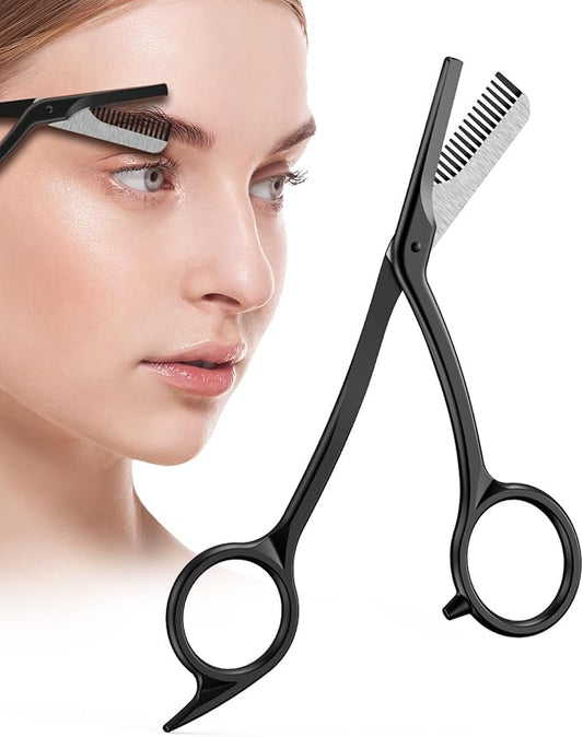 BALUCA Eyebrow Scissors with Comb | Professional Stainless Steel Eyebrow Trimmer for Women & Men | Dual-Design Precision Eye Brow Trimmer Scissors for Effortless Grooming, Silver (Black)