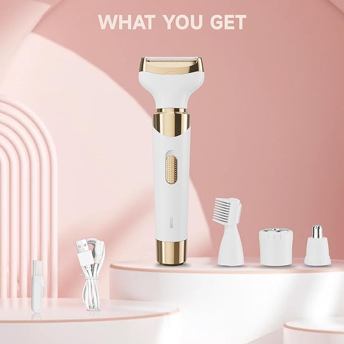 Electric Razor for Women,4 in 1 Womens Shaver Electric Bikini Trimmer Pubic Hair Removal Wet & Dry Painless Shaver for Legs Underarms Eyebrow Face Nose and Bikini Grooming Kit for Women 3021 White