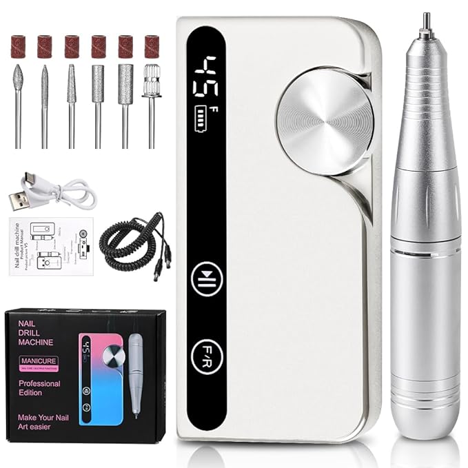 ANRLO Professional Electric Nail Drill, 45000 RPM Cordless Rechargeable E-File Machine, with 12 Bits, Sanding Bands, LCD Display for Acrylic Gel Nails (Metallic White)