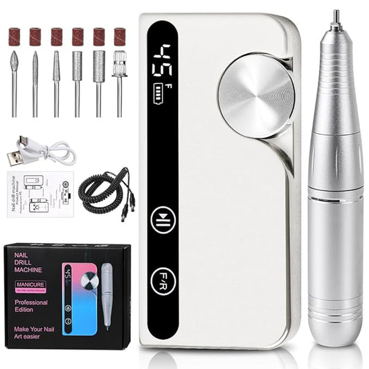 ANRLO Professional Electric Nail Drill, 45000 RPM Cordless Rechargeable E-File Machine, with 12 Bits, Sanding Bands, LCD Display for Acrylic Gel Nails (Metallic White)