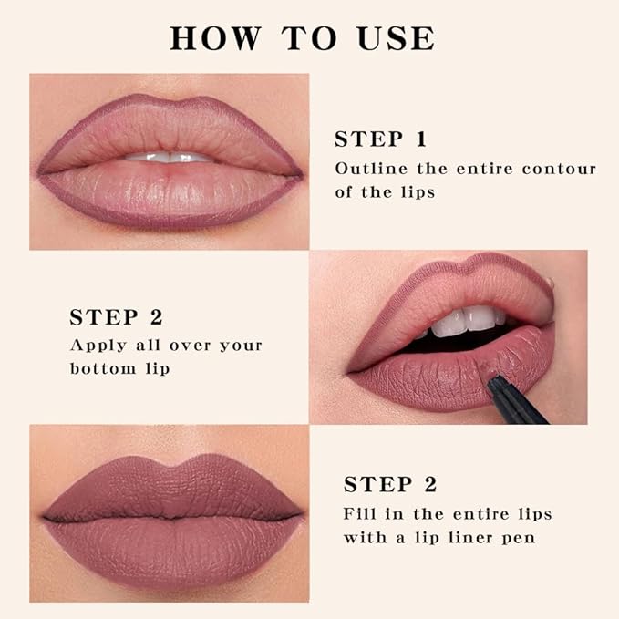 3Pcs Longwear Liquid Lip Liner Stain Marker Pen Set Long Lasting Waterproof, Pink Red Maroon Mauve Purple Matte 24 Hour Lip Liner and Lipstick Combo, Color Stay Lipliner All Day, Lip Stain peel off