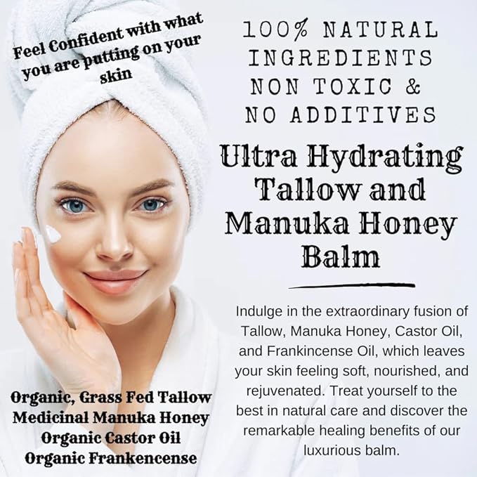 Balm Haven - 100% Grass Fed Tallow and Manuka Honey Balm - Natural Moisturizer for Face, Body & Hands - Deep Hydration & Smooth Texture - Handmade in Small Batches | 1 oz