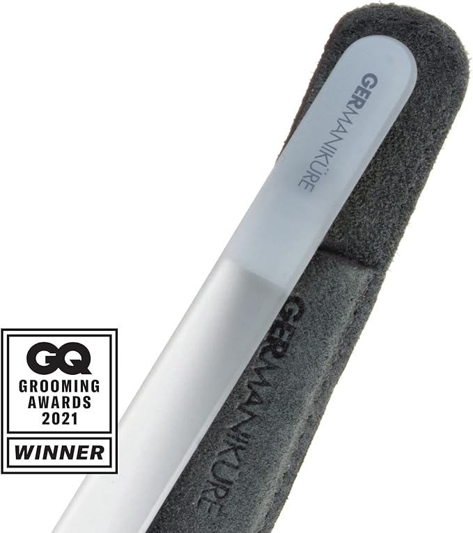 GERMANIKURE Gray Crystal Glass Nail File Set in Light Blue Suede Case – Handmade in Czech Republic – Professional Manicure & Pedicure Supplies – Glass Cuticle Stick, Pusher, Moon File