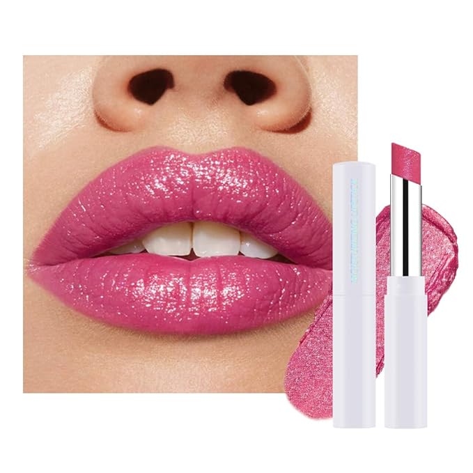 Pink Shimmer Metallic Moisturizing Glow Plumping Lipstick Makeup, Lipstick with Metallic 3D Shine Lightweight Hydrating Formula, Glitter Lip Gloss Stain Long Lasting Waterproof Smudge Proof (09#Pink)