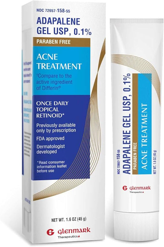 Glenmark Therapeutics Adapalene Gel 0.1% Acne Treatment, Paraben Free Topical Retinoid Cream for Face, Helps Clear and Prevent Acne and Clogged Pores, 45g Tube