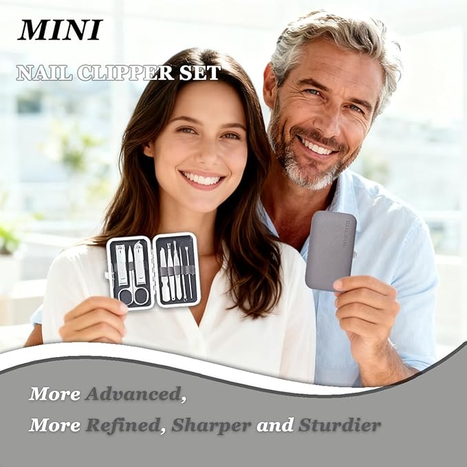 Nail Clippers Set, Manicure Grooming Care Tools Kit: Fingernail Clipper & Toenail Pedicure Cutter, Mini Nail Trimmer Kit with Travel Case Gifts for Men, Women (Grey)
