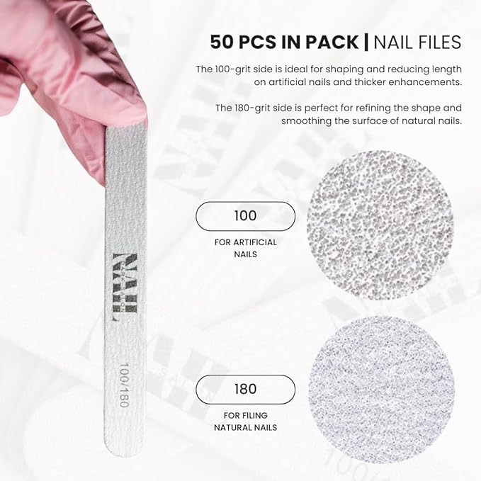 Nail Dark Professional Nail Files 100/180 Grit (Pack of 50) | Ultra-Thin Dual Sided Emery Boards for Manicure & Pedicure | Strong, Flexible Salon Grade Nail Shaping Tools