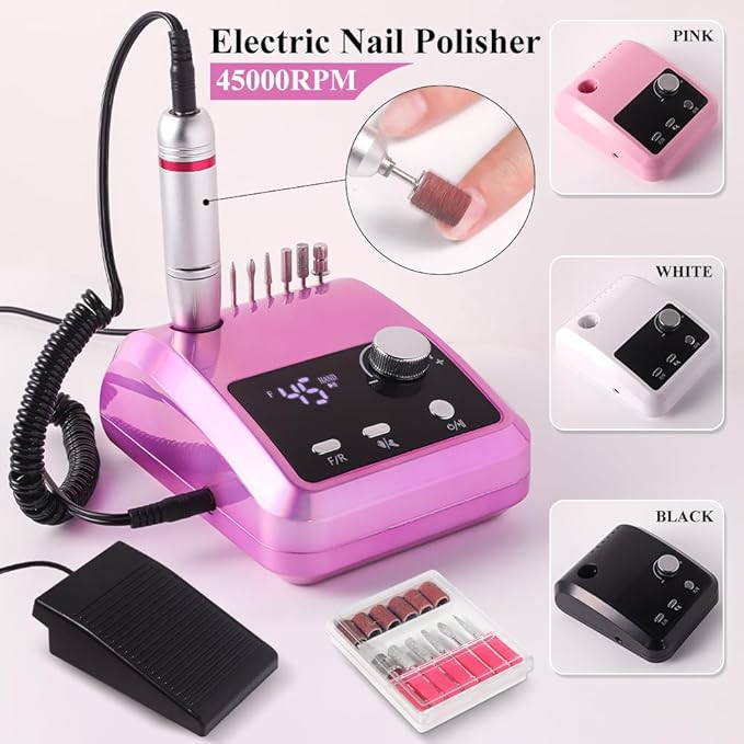 ANRLO Professional Electric Nail Drill, 45000 RPM Cordless Rechargeable E-File Machine, with 12 Bits, Sanding Bands, LCD Display for Acrylic Gel Nails (DMJ-204-Purple-US)