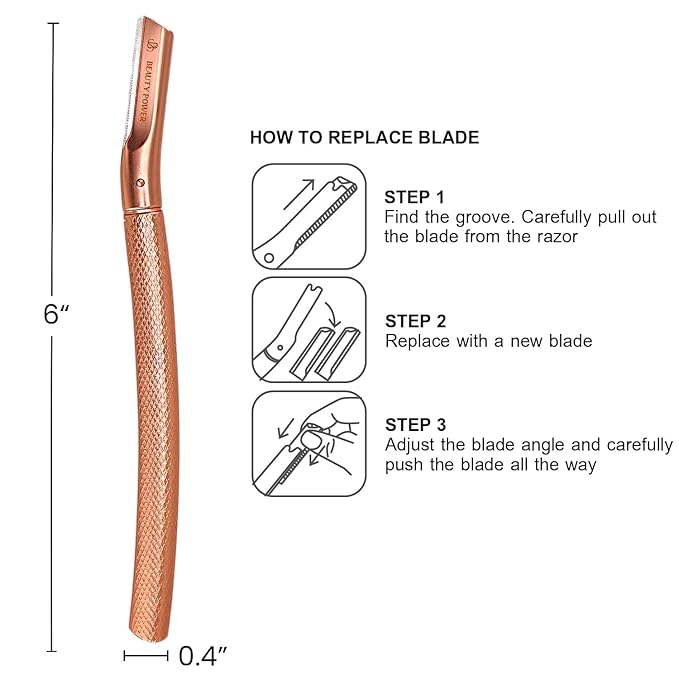 Beauty Power Eyebrow Razor with 6 Blades & Travel Case – Face Razors for Women & Men, Eyebrow Trimmer Shaper with Precision Cover, Facial Shaver & Dermaplaning Tool for Smooth Skin (Rose Gold)