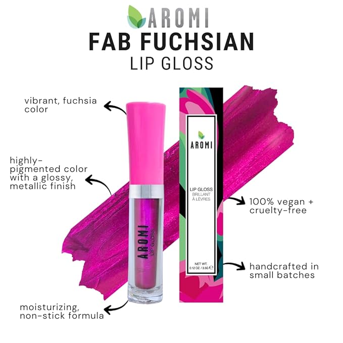 Aromi Fuchsia Lip Gloss | Highly Pigmented Magenta Pink Lip Color, Glossy Finish, Plumping Lip Oil, Non-Stick, Shimmery, High-Shine (Fab Fuchsian)