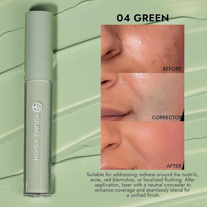 YOUNG VISION Green Color Correcting Concealer Corrector, Long Lasting Brightening Full Coverage Weightless All-Day Liquid Concealer, Natural Coverage, Ideal for Fair to Light Skin