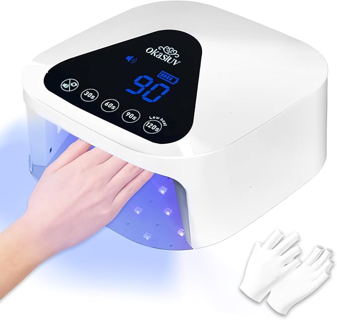 Okasiuv UV LED Nail Lamp with UV Gloves,Magnetic Metal Mirror Base Cordless Nail Dryer, Gel Polish Curing Light with 4 Timers,Touch Control Display,Auto Sensor for Professional Salon & Home
