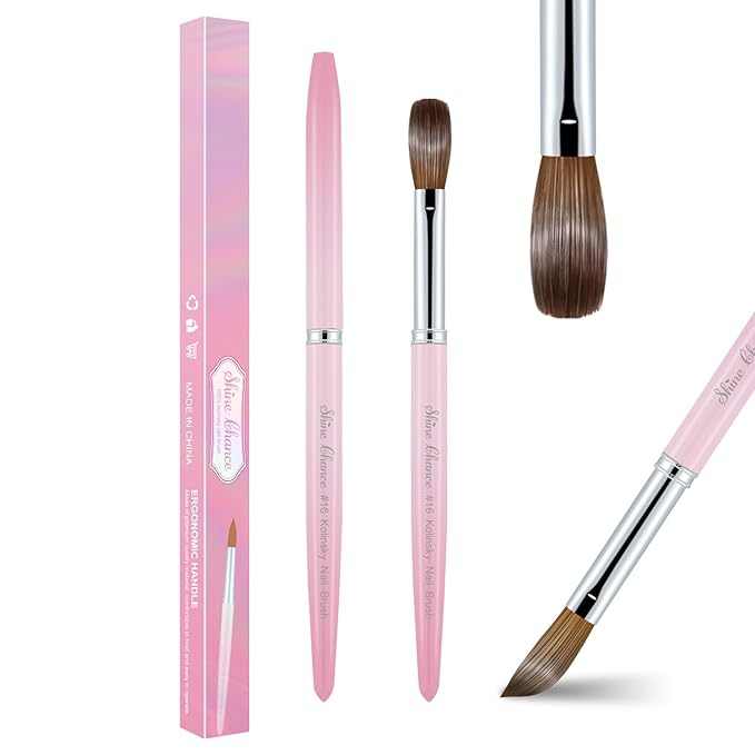 Acrylic Nail Brush Size 16, 100% Pure Kolinsky Nail Brush for Acrylic Application, Professional Nail Extension Manicure Tool Nail Drawing Pen for DIY Home Salon(Pink)