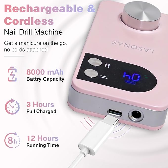 Electric Nail Drill Machine Professional, 40000 RPM Cordless Nail File Low Noise, Portable Rechargeable Nail Drill with Bits Kit for Acrylic Gel Nails Manicure & Removal
