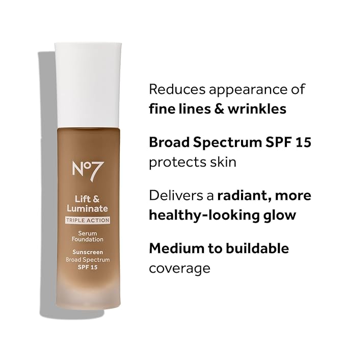 No7 Lift & Luminate Triple Action Serum Foundation - Liquid Makeup with SPF 15 for a Dewy, Glowy Base - Radiant Formula for Mature Skin - Porcelain (30ml)