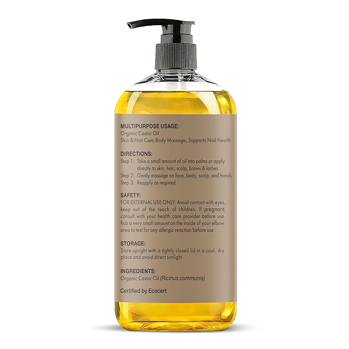 Majestic Pure Organic Castor Oil 8 Fl Oz - 100% Pure and Natural - Premium Grade Carrier Oil - Hair, Eyelashes and Eyebrows - Hair Oil and Body Oil - Cold Pressed - Hexane Free