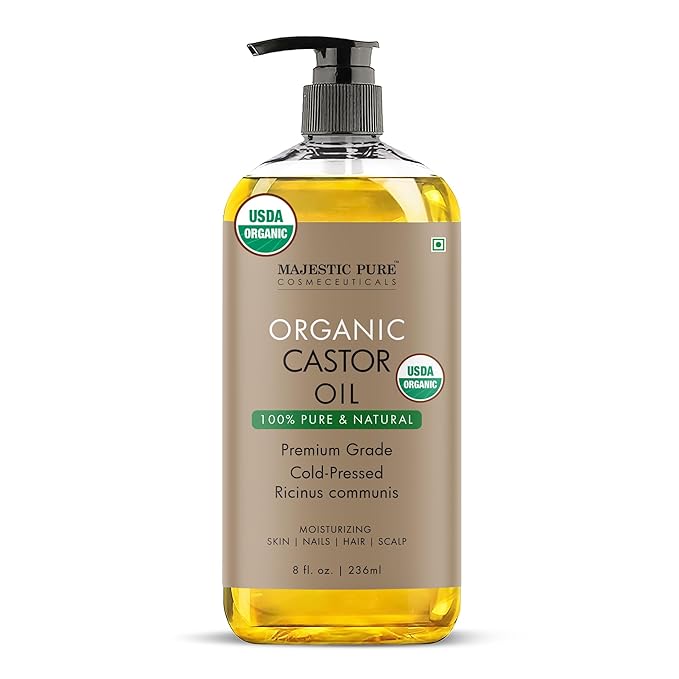 Majestic Pure Organic Castor Oil 8 Fl Oz - 100% Pure and Natural - Premium Grade Carrier Oil - Hair, Eyelashes and Eyebrows - Hair Oil and Body Oil - Cold Pressed - Hexane Free