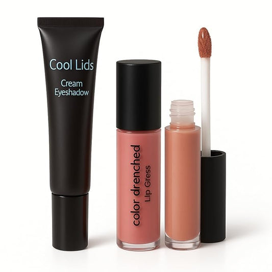 Makeup Trio Bundle – Cream Eyeshadow Mermaid Marine Blue, Color Drenched Lip Gloss Piazza Pink & Matte Lip Mousse Truffle | Long-Lasting Eye & Lip Set for Natural, Shimmer & Soft Matte Looks