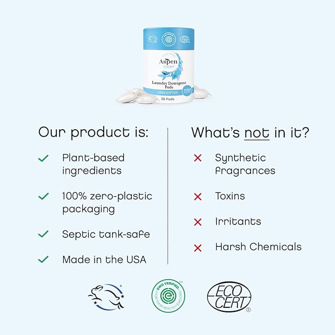 Unscented Laundry Pods by AspenClean, New and Improved Packaging, Zero Plastic, Non-Bio, Vegan, Hypoallergenic Natural Laundry Detergent, EWG Verified™ - 36 Count (3 Pack)