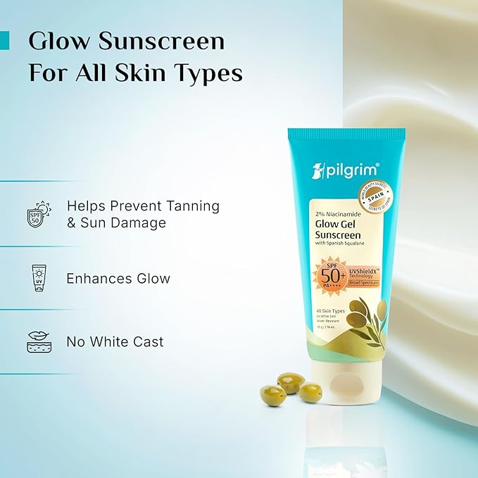 Pilgrim 2% Niacinamide Glow Sunscreen SPF 50 for All Skin Types | Lightweight Non Greasy Formula with Squalane | No White Cast Daily Sun Care for Men & Women | 1.76 Oz (50g)