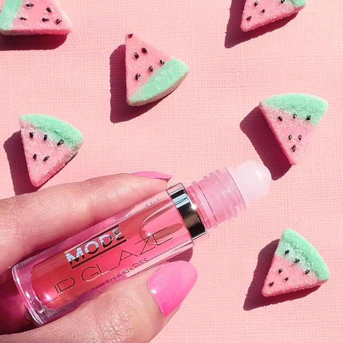 MODE Lip Glaze Flavored Lip Gloss WATERMELON Delicious Yummy Flavor, Roll On Sweet Wet Nourishing Shine, Hydrating Moisturizing Natural Skincare Fruit Oils, Made in NY USA