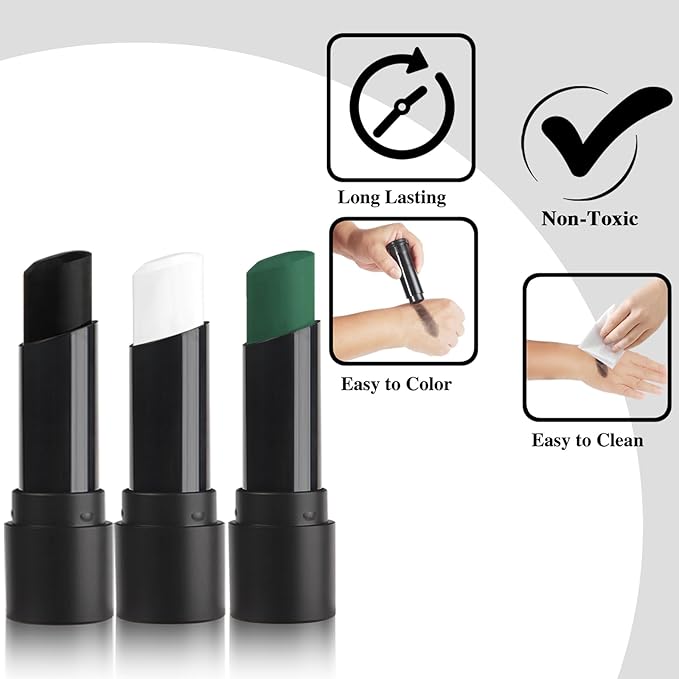MEICOLY 3PCS Black White and Green Face Body Paint Stick,Face Paint Stick for Halloween SFX Cosplay Clown Skeleton Witch Makeup,Elphaba Face Paint,Waterproof Eye Black Baseball Softball Football