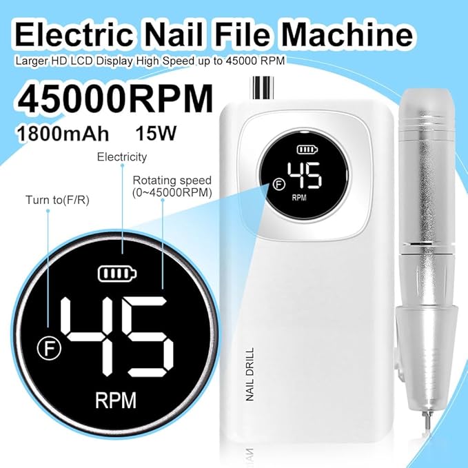 ANRLO Professional Electric Nail Drill, 45000 RPM Cordless Rechargeable E-File Machine, with 12 Bits, Sanding Bands, LCD Display for Acrylic Gel Nails (DMJ-V4-WHITE-USB)
