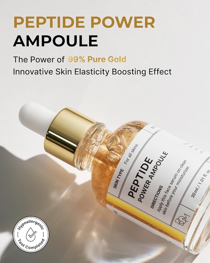 BOM COSMETICS Peptide Power Ampoule 1.01 Fl Oz, Penta-Peptide with 24k Gold Thread and 99% Pure Gold for Skin Collagen Boost, Firming Serum to Improve Elasticity and Radiance, Korean Skin Care