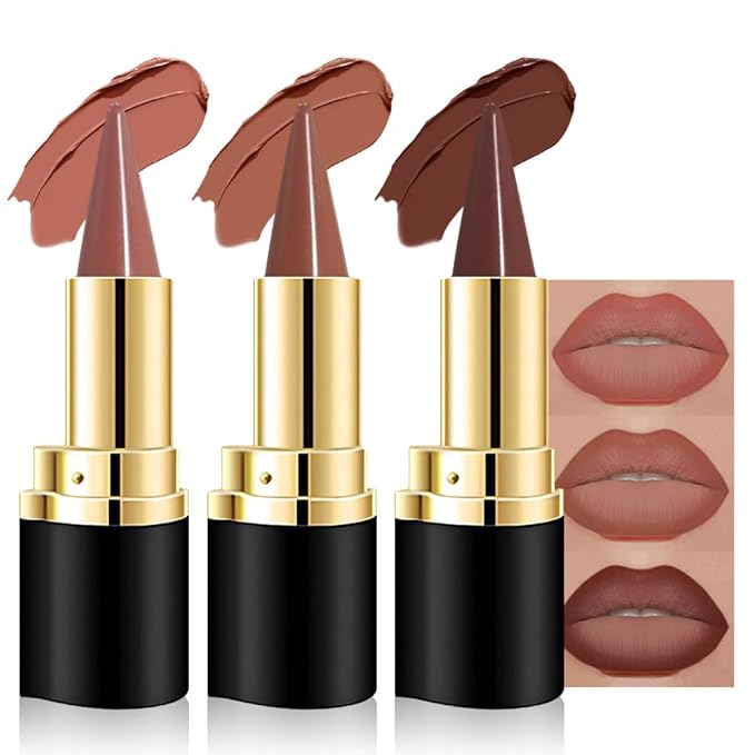 evpct 3Pcs DarK Light Nude Brown Matte Lip Liner and Lipstick Combo Set for Women Long Lasting, Cream Gradient Lipstick and Lip Liner Crayon Contour Pencil Makeup, Flawless Ombre Effect, Waterproof