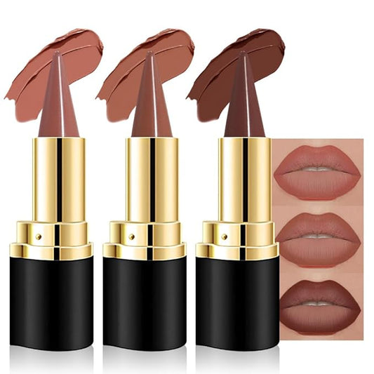 evpct 3Pcs DarK Light Nude Brown Matte Lip Liner and Lipstick Combo Set for Women Long Lasting, Cream Gradient Lipstick and Lip Liner Crayon Contour Pencil Makeup, Flawless Ombre Effect, Waterproof