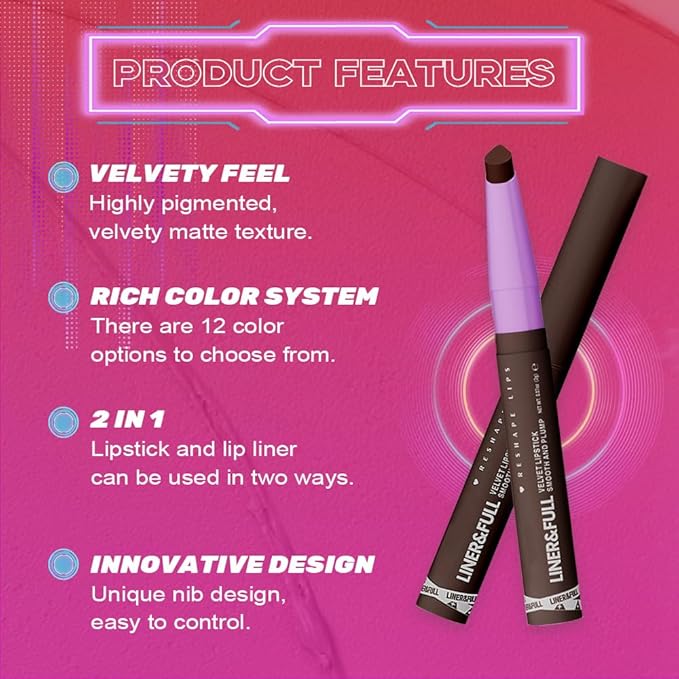 2-IN-1 Lipstick Lipliner, Velvet Matte Finish, Smooth & Plump, 12 Universal Lip Color-Nude Pink Rose Mauve Berry Plum, Creamy Formula for Lip Makeup, All-Day Wear, Cruelty-Free (#12 CHARCOAL VELVET)