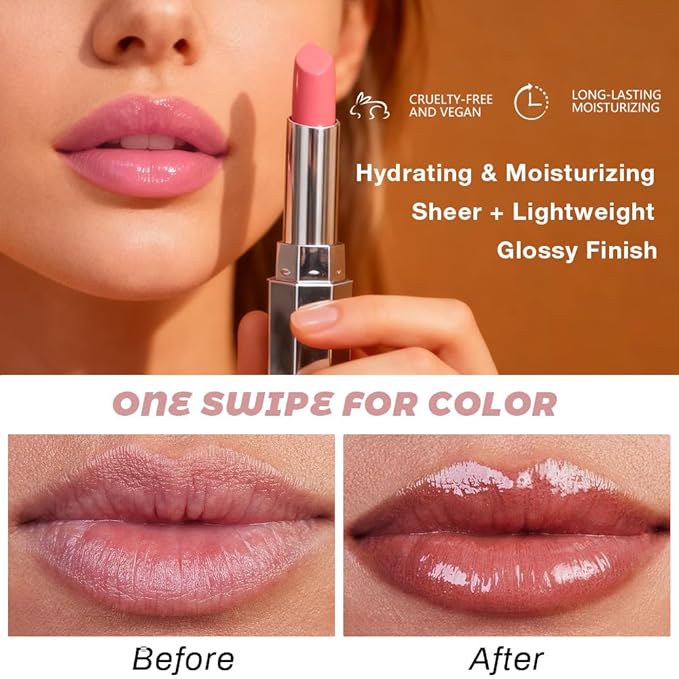 Lip Tinted Lipstick, Moisturizing Shine Balm, Glossy Finish, All Skin Tones (00&08, 1Pcs (Pack of 2))