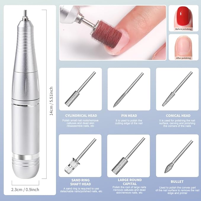 ANRLO Professional Electric Nail Drill, 45000 RPM Cordless Rechargeable E-File Machine, with 12 Bits, Sanding Bands, LCD Display for Acrylic Gel Nails (DMJ-V8-White-USB)