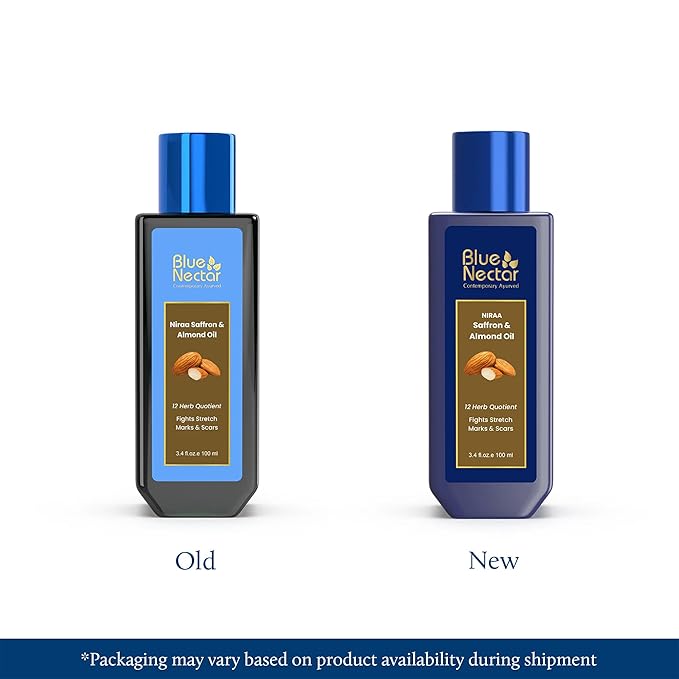 Blue Nectar Saffron & Almond Oil, Ayurveda Product for Crepey Skin | Skin Firming Body Oil for Stretch Marks (12 Herbs, 3.38 Fl Oz)