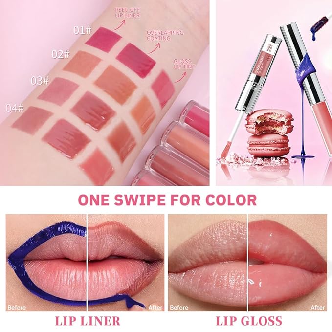 Peel Off Lip Liner & Gloss – Long-Lasting Smudge-Proof Mocha Rose Brown Lip Tint & Lip Stain Liner with Hydrating High Shine Gloss for Defined, Fuller Brown-Rose Lips – Waterproof Soft Glam Lip Makeup