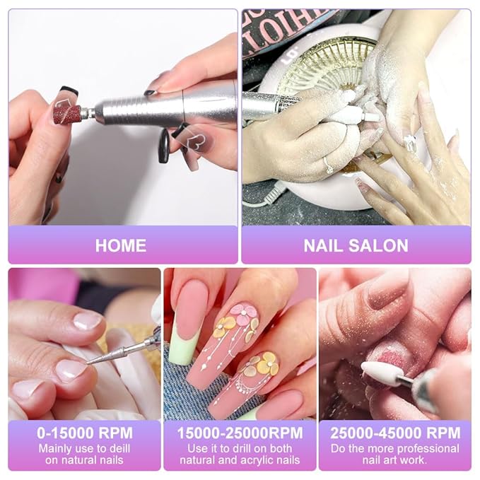 ANRLO Professional Electric Nail Drill, 45000 RPM Cordless Rechargeable E-File Machine, with 12 Bits, Sanding Bands, LCD Display for Acrylic Gel Nails (DMJ-V2-USB-colour)