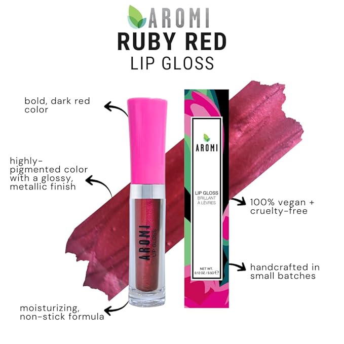 Aromi Maroon Lip Gloss | Dark Red Lip Color for Women, Bordeaux Shade, Plumping, Holiday Shade, Shimmery, High-Shine (Ruby Red)