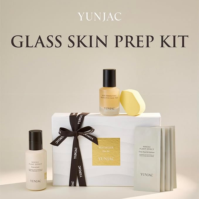 Glass Skin Prep Gift Set – Skincare & Makeup with Base Prep (0.84 fl oz), Concentrate Serum (1.35 fl oz), and Foam Exfoliant Samples (2g × 5ea) | Hydrating, Cleansing & Makeup-Ready Kit