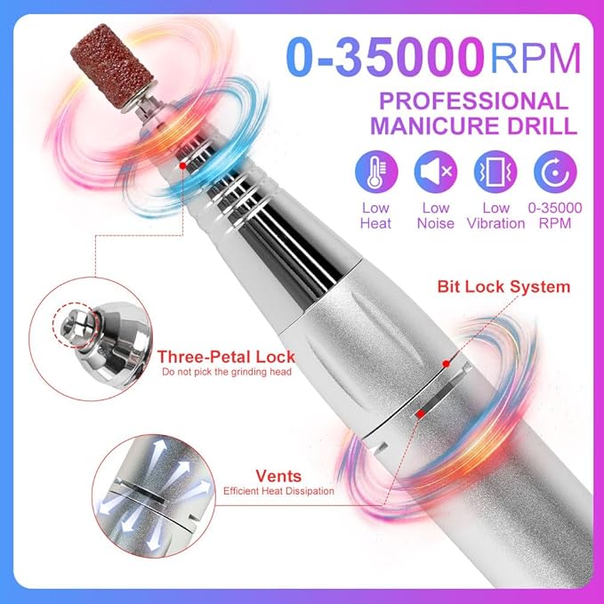 ANRLO Professional Electric Nail Drill, 45000 RPM Cordless Rechargeable E-File Machine, with 12 Bits, Sanding Bands, LCD Display for Acrylic Gel Nails (DMJ-BLY-P40-Purple)