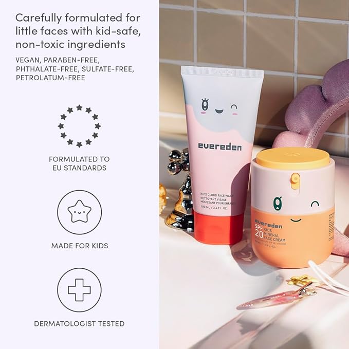 Evereden Kids Healthy Morning Duo Spa Headband for Girls: Clean & Vegan Skin Care Bundle | Cloud Face Wash + SPF 20 Mineral Face Cream | Non-Toxic | Easy-to-Use Skincare
