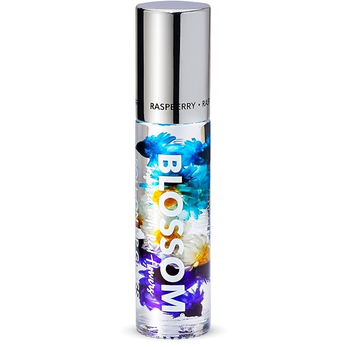 Blossom Roll on Lip Gloss, Scented Clear High Shine Moisturizing Lip Oil, Non Sticky, Infused with Real Flowers, Made in USA, 0.2oz, Raspberry