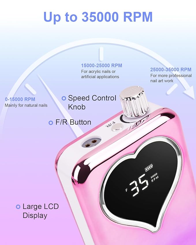 Electric Nail Drill Professional: Rechargeable Nail File with Bits for Acrylic Gel Nails, Professional Nail Drill Manicure Pedicure Polishing Shape Tools for Home Salon (Purple)