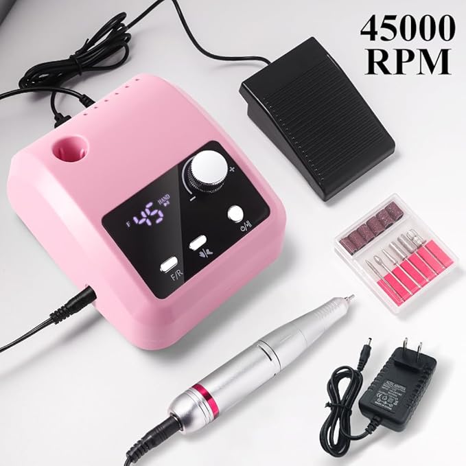 ANRLO Professional Electric Nail Drill, 45000 RPM Cordless Rechargeable E-File Machine, with 12 Bits, Sanding Bands, LCD Display for Acrylic Gel Nails (DMJ-204-Pink-US)