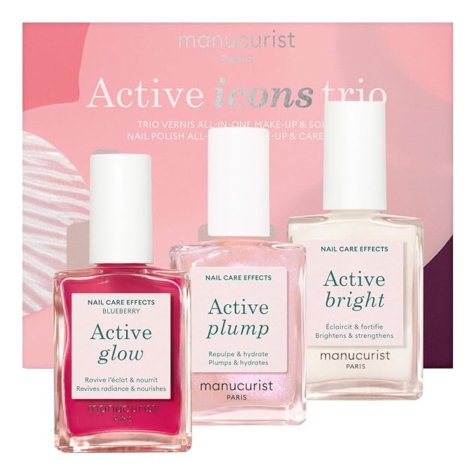 Manucurist Active Icons Trio Set - Active Glow Blueberry, Active Shine, Active Plump Nail Polishes - Nail Strengthener - Brightening Treatment Polish & Care - Valentines Day Gifts for Her
