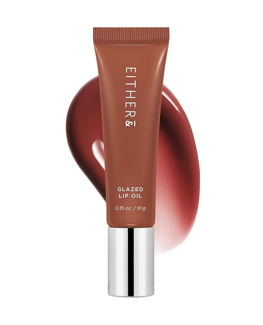 EITHER& Glazed Lip Oil – Non-Sticky Tinted Lip Balm with Peptides for Hydration & Glossy Finish, High-Gloss Moisturizing Lip Care for Dry Lips, 04 Hazel Muse (10g)