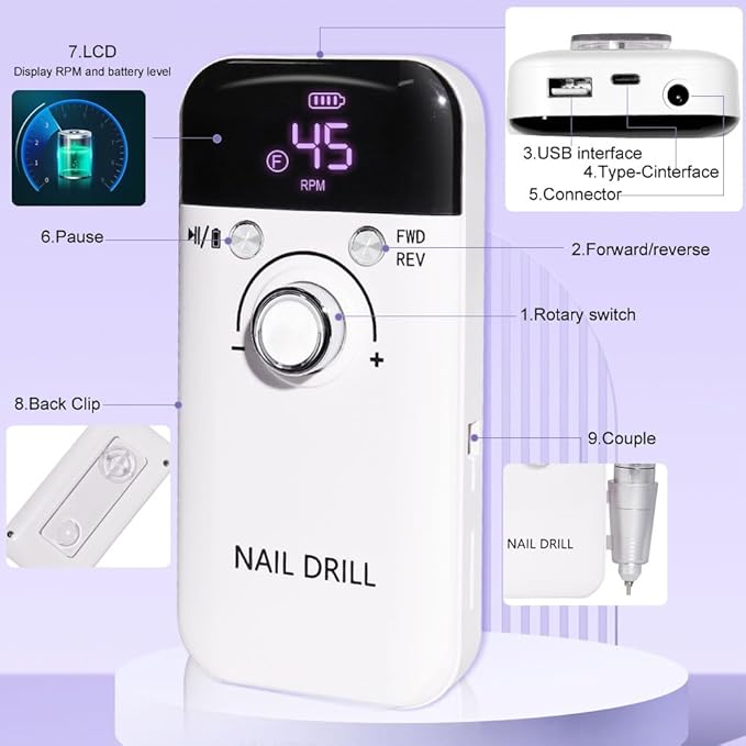 ANRLO Professional Electric Nail Drill, 45000 RPM Cordless Rechargeable E-File Machine, with 12 Bits, Sanding Bands, LCD Display for Acrylic Gel Nails (DMJ-V6-WHITE-USB)