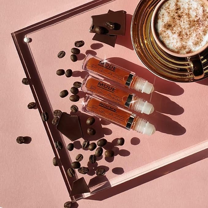 MODE Lip Glaze Hot Cocoa Mocha Flavored Lip Gloss, Yummy Flavor, Roll On Sweet Wet Deliciously Nourishing Shine, Hydrating Moisturizing Natural Skincare Fruit Oils, Made in NY, Vegan