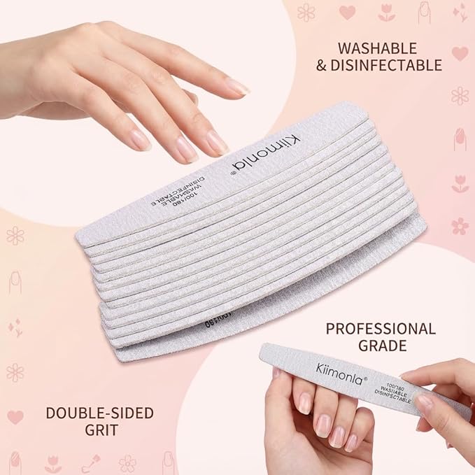 Klimonla 25pcs Professional Half Moon Nail Files Emery Board Set 100/180 Grit Dual-Grit Buffer Files for Natural & Acrylic Nails Tools Suit for Home Salon