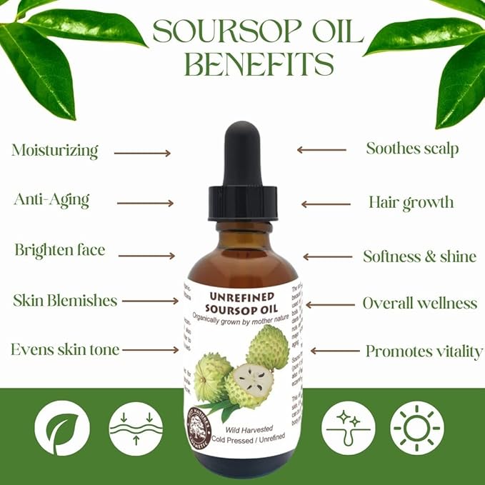 Virgin Soursop Oil (Anona Muricata, Graviola, Guanabana) – 100% Pure, Organic, Cold-Pressed, Unrefined – 4oz - 120ml – Natural Facial Oil & Moisturizer for Dry, Damaged, or Sensitive Skin
